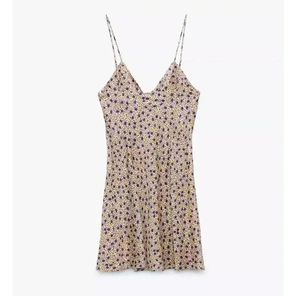Zara Women’s Draped Satin Effect Floral Strappy Mini‎ Dress Size Medium - Picture 2 of 8